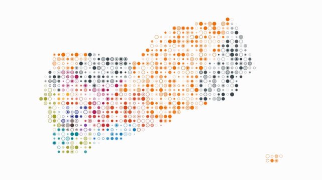 Yemen animated country shape. Pulsating colored dots on the map of the country. Small size circle blocks. Digital style Yemen map on white background. Modern animation video.
