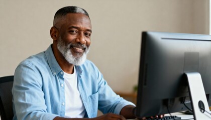 Mature Black man smiling at camera while working on a computer. Professional senior male with grey beard in a modern office. Remote work and digital literacy concept