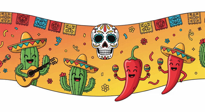 Vibrant dia de los muertos banner with sombrero cactus skull and chili peppers festive decoration