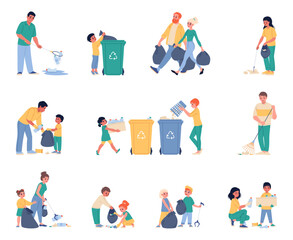 Fototapeta premium Parents and children sort garbage. People clean up waste, funny volunteers collect trash, nature caring, rubbish outdoor, volunteers environmental care classy vector cartoon isolated set