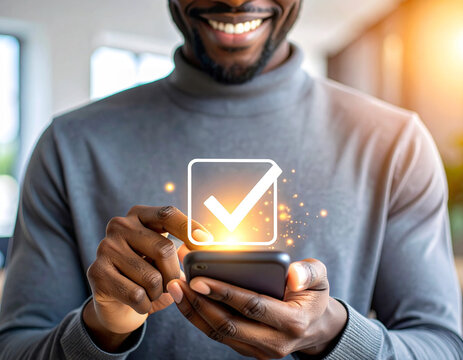 Users who feel satisfied by touching the check box with their smartphone - Service completion and success concept