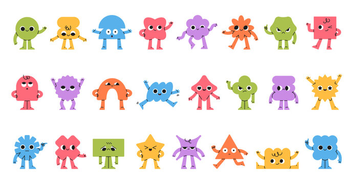 Funny geometric characters. Comic abstract mascots, smiling faces, hands and feet, different simple playful shapes, poses, emotion or expression, creative graphic classy vector cartoon set