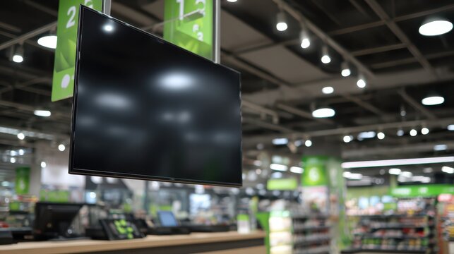 A blank black television screen hangs in a supermarket, serving as digital signage above checkout aisles.