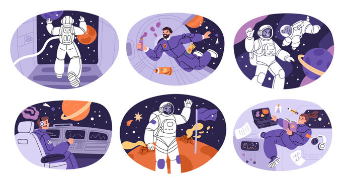 Astronauts in cosmos. Man in spacesuit goes into outer space, floating in zero gravity, exploring planets, ship cabines, cosmonaut spaceship adventure garish vector cartoon isolated set