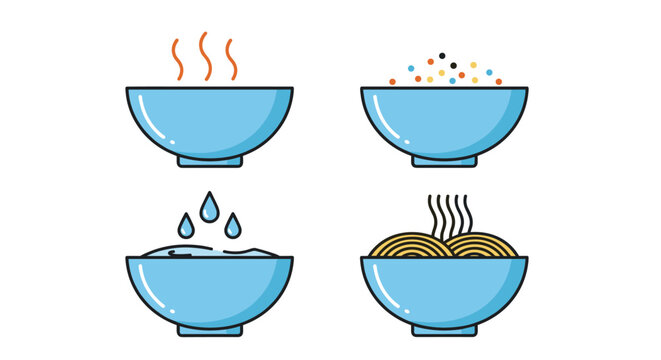 Set of blue bowls illustrating various contents including hot steam, colorful seeds, falling water drops, and steaming noodles.