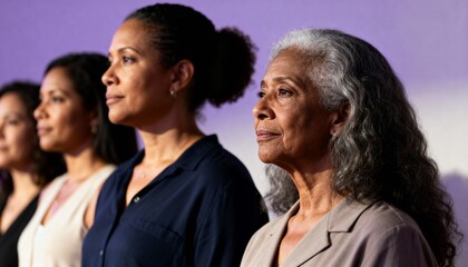 Obraz premium Profile of four diverse women of different generations. International Women's Day concept. Multi-generational group of women looking forward against purple background. Female empowerment and unity