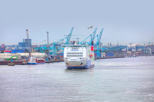 Dublin, İrealand - October 05 2019: Panorama of Dublin Bay with Dublin Port, Ferry in the background 