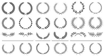 Obraz premium Large collection of black laurel wreath and branch icons for award achievement victory and classic decorative design motifs.