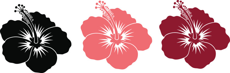 Fototapeta premium Black pink and red watercolor floral petals with white centers and green leaves black petals pink petals