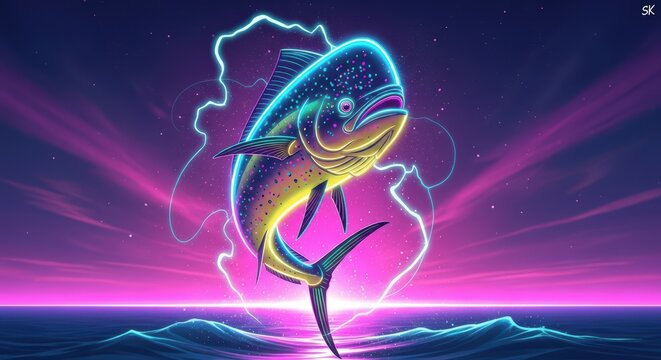 Vibrant Mahi-Mahi Fish Leaping from Ocean with Neon Lightning