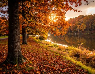 Obraz premium Lush autumn park with colorful trees, a calm lake and golden sunlight