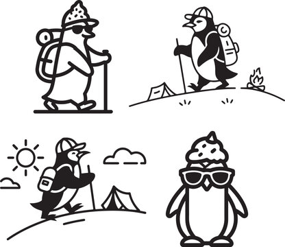 Adventurous Penguin Mascot Vector Set: Minimalist Black and White Icons of a Cool Penguin Character Hiking, Boating, and Camping with Sunglasses and Backpack