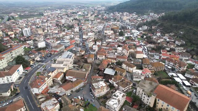 Drone Point of Interest Shot of Eleftheroupoli Small Town In Kavala Countryside Greece, Panoramic City View