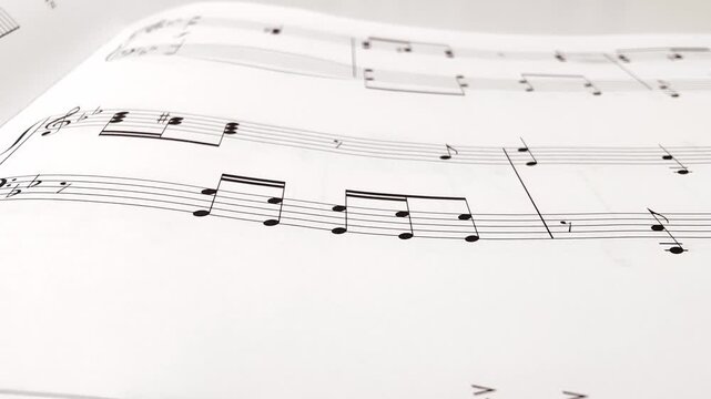 Close up camera panning slowly across a sheet of musical notation or sheet music showing notes and bars