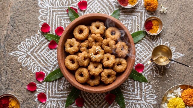 Traditional Rajasthani Gune sweets in a clay bowl for Gangaur Puja celebration