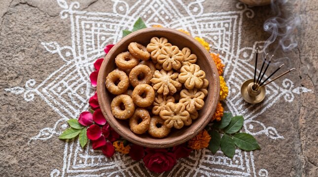 Traditional Rajasthani Gune sweets and fried dough rings for Gangaur Puja ritual