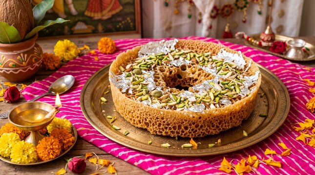 Traditional Rajasthani Ghevar cake with silver leaf for Gangaur festival