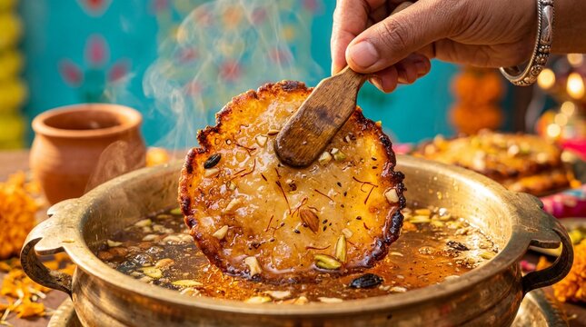 Hand dipping a traditional Malpua pancake into saffron syrup for Rajasthani Gangaur festival