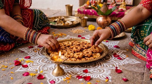 Rajasthani women preparing Gune sweets for Gangaur Puja festival ritual