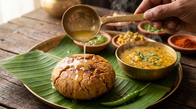 Pouring fresh ghee over traditional Jain Dal Baati on a banana leaf for festival