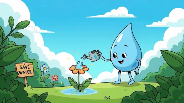 Animated water drop character watering flower in green garden save water concept