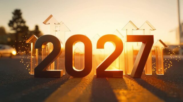 A mesmerizing visual of the year 2027 shimmering against a radiant sunset and suggesting a future of homes.  ..Created with Generative AI, not depicting real subjects.