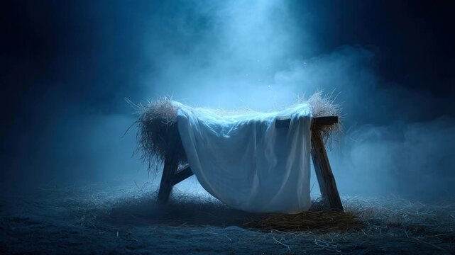 A symbolic manger scene, bathed in soft, ethereal light, evokes a sense of serenity and spiritual significance. The humble manger. ..Created with Generative AI, Nativity scene