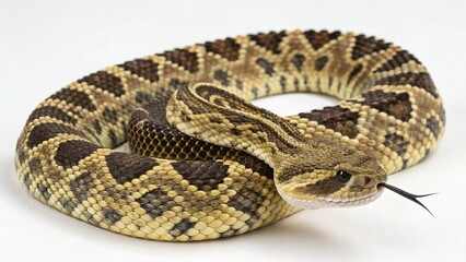 Fototapeta premium Macro studio portrait of an Ornate Black-Tailed Rattlesnake (Crotalus ornatus) coiled on a clean white background.