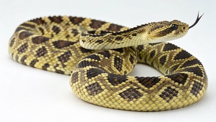 Naklejka premium Macro studio portrait of an Ornate Black-Tailed Rattlesnake (Crotalus ornatus) coiled on a clean white background.