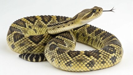 Fototapeta premium Macro studio portrait of an Ornate Black-Tailed Rattlesnake (Crotalus ornatus) coiled on a clean white background.