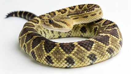 Fototapeta premium Macro studio portrait of an Ornate Black-Tailed Rattlesnake (Crotalus ornatus) coiled on a clean white background.