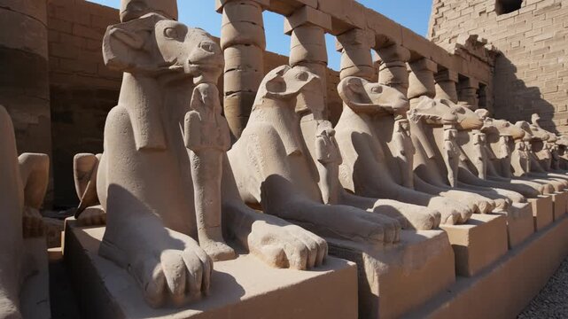 Karnak Temple in Luxor, Egypt. Detail of ram sphinx statues with protected pharaoh figurines along famous Karnak Temple alley, Luxor Egypt.