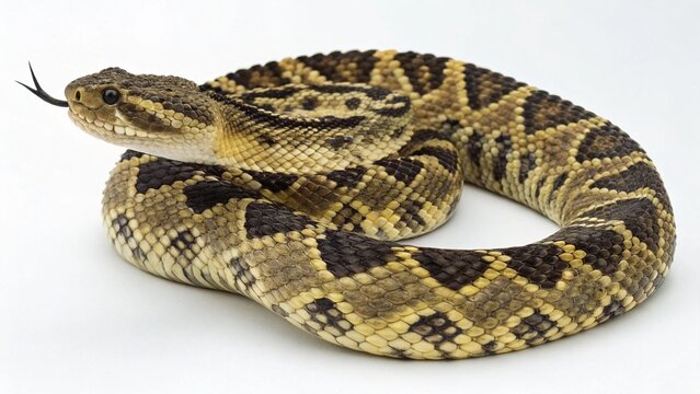 Macro studio portrait of an Ornate Black-Tailed Rattlesnake (Crotalus ornatus) coiled on a clean white background.