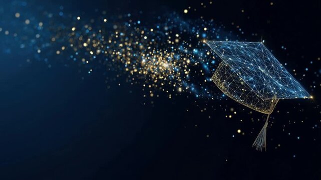A digital artistic rendering showcases a futuristic graduation cap, formed from glowing particles, symbolizing knowledge. ..Created with Generative AI, not depicting real subjects.