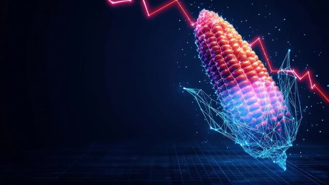 A futuristic glowing corn cob showcases in the dark and represents the rise and fall of agriculture. ..Created with Generative AI, not depicting real subjects.