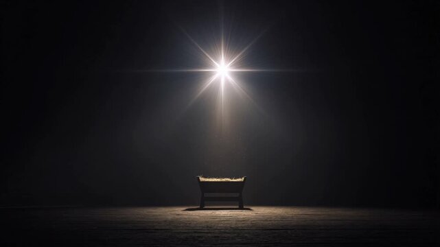 A radiant, luminous star shines brilliantly above a humble manger, creating an atmosphere of spiritual contemplation and serene reverence. ..Created with Generative AI, Nativity scene