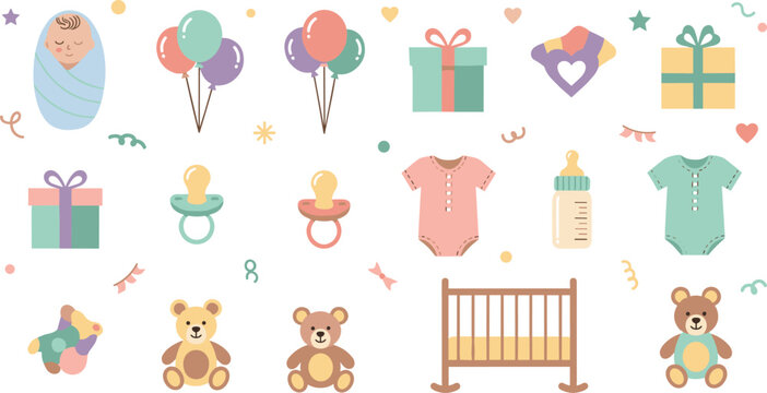 Baby Shower and Newborn Essentials Illustration Set with Gifts Balloons Pacifiers Clothes Bottle Crib and Teddy Bears for Nursery Celebration Vector Design.