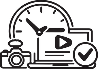 Obraz premium Time management icon set with camera clock and video play button representing productivity and workflow for creative projects flat vector illustration