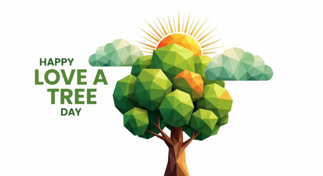 Vibrant tree with green leaves and sun rays on white background celebrating love a tree day with eco friendly theme