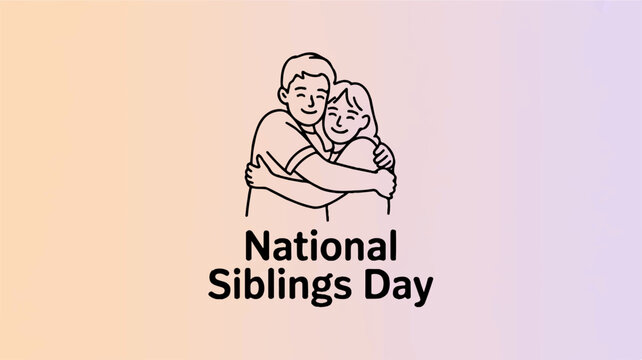 Minimalist poster design for national siblings day with a line drawing of a sibling hug on a pastel background