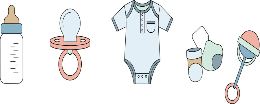Cute Baby Essentials Set Illustration with Feeding Bottle Pacifier Bodysuit Socks and Rattle Icons for Newborn Care Nursery and Child Products Design.