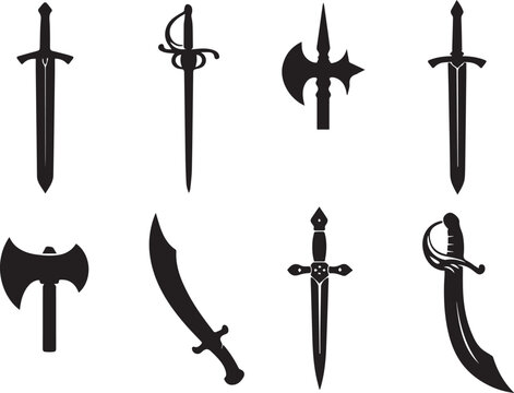 Collection of medieval sword and axe silhouettes for design