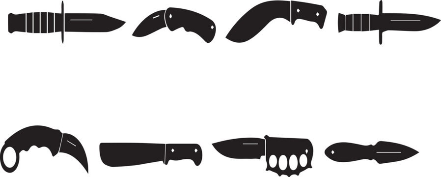 Collection of various knife and dagger silhouettes on white background