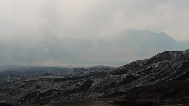 Wide Landscape shot of Volcanic Erosion Gullies on Mount Bromo Slopes, Bromo Tengger Semeru National Park, East Java Indonesia