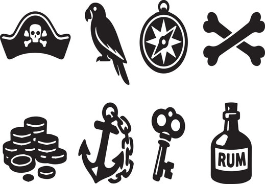 Pirate symbols and icons including parrot compass and rum bottle on white background