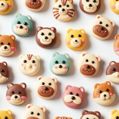Obraz premium Top-down view of a colorful assortment of animal-shaped cookies with icing details on a plain white background.