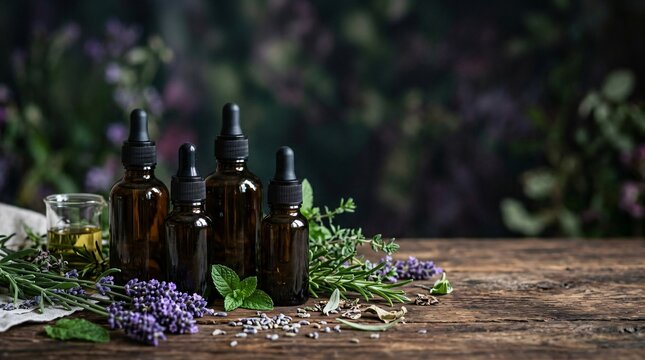 Brown glass dropper bottles with herbal essential oil on wooden table. Fresh lavender and rosemary herbs for skincare, wellness, and aromatherapy. Medicinal plant extract beauty care.