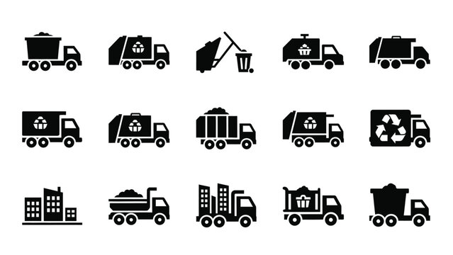 Collection of garbage truck and waste management icons for recycling services