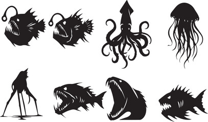 Collection of sea monster silhouettes including fish squid jellyfish