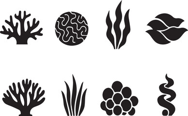 Obraz premium Collection of various seaweed and coral reef icons in black silhouette on white background for ocean and marine related concepts